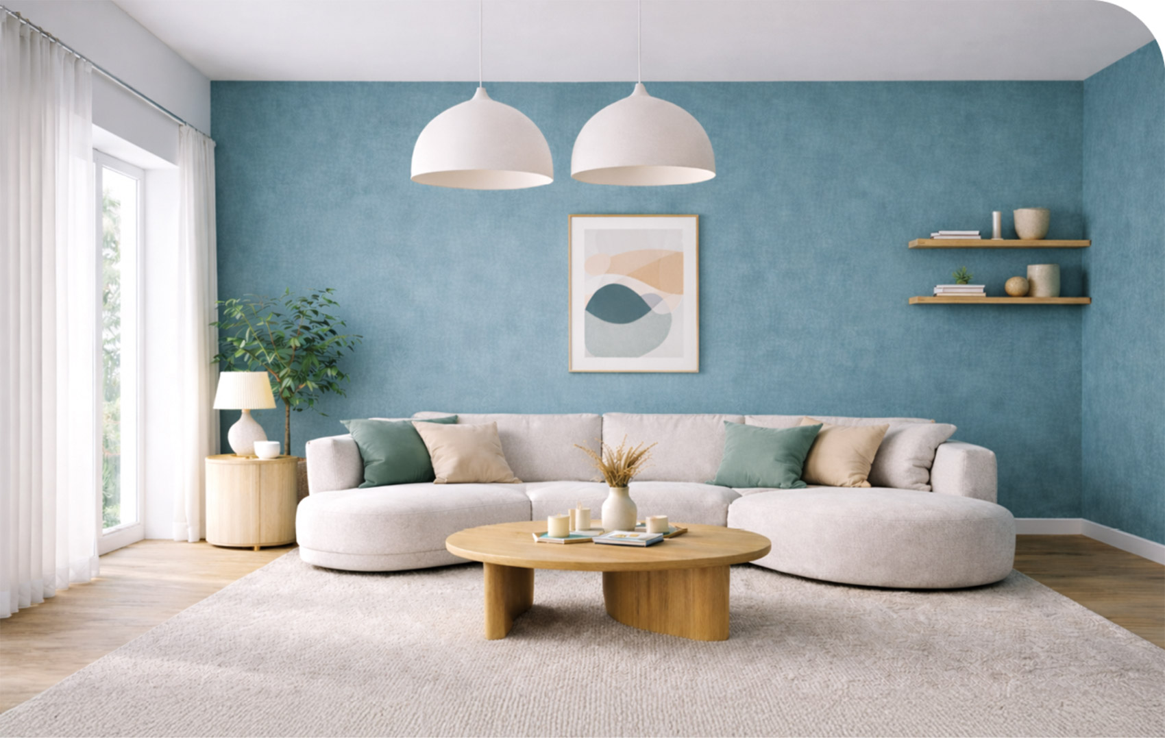 Lichte leefruimte met blauwe accentmuur